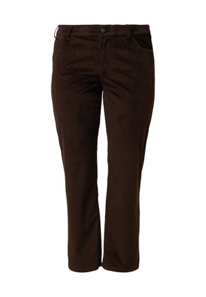 Bruine corduroy broek met rechte pijpen, voorzakken, riemlussen en een knoopsluiting aan de tailleband.