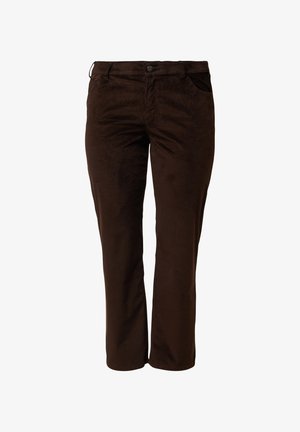 Braune Cordhosen mit geradem Bein, vorderen Taschen, Gürtelschlaufen und Knopfverschluss am Bund.