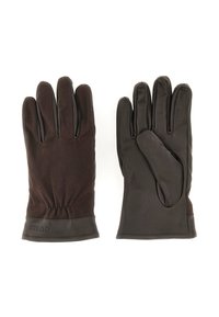 Zwarte handschoenen met leren handpalmen en stoffen achterkant, voorzien van een gerimpelde polsafwerking en een logodetail op de manchet. Duurzaam en strak uiterlijk.