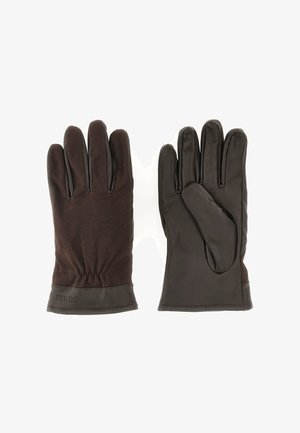 Zwarte handschoenen met leren handpalmen en stoffen achterkant, voorzien van een gerimpelde polsafwerking en een logodetail op de manchet. Duurzaam en strak uiterlijk.