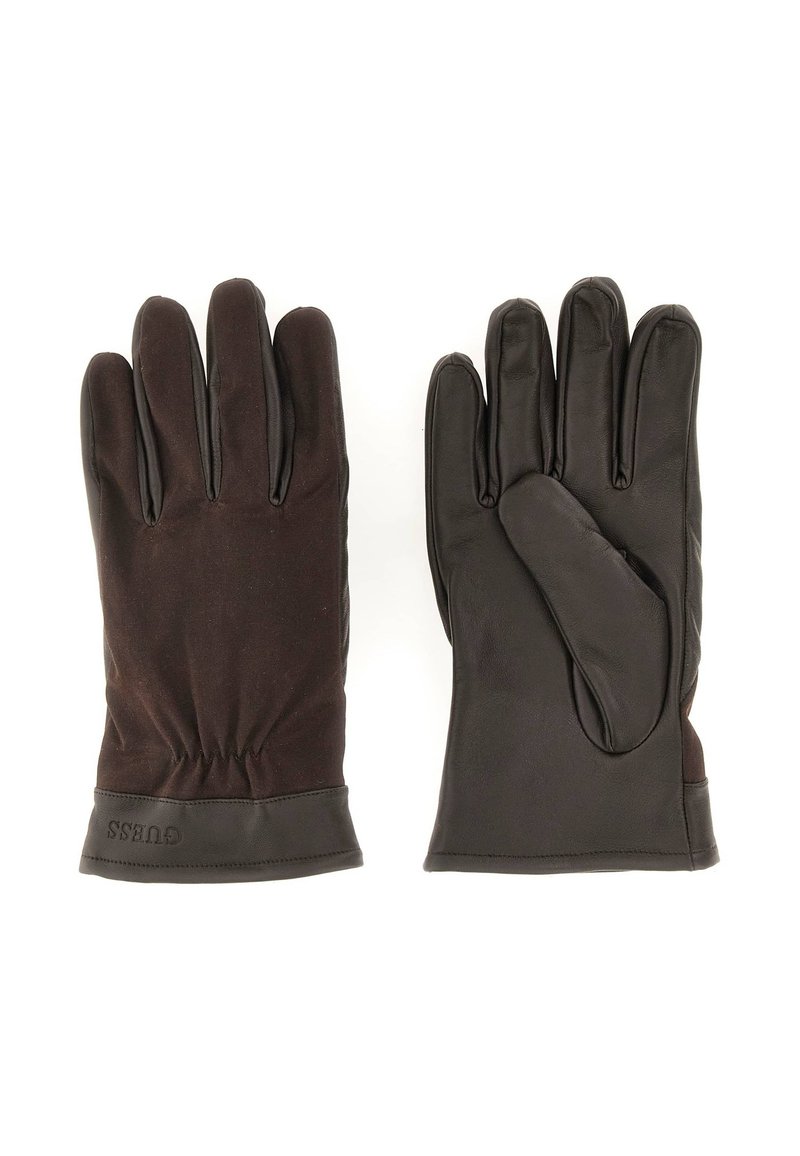 Zwarte handschoenen met leren handpalmen en stoffen achterkant, voorzien van een gerimpelde polsafwerking en een logodetail op de manchet. Duurzaam en strak uiterlijk.