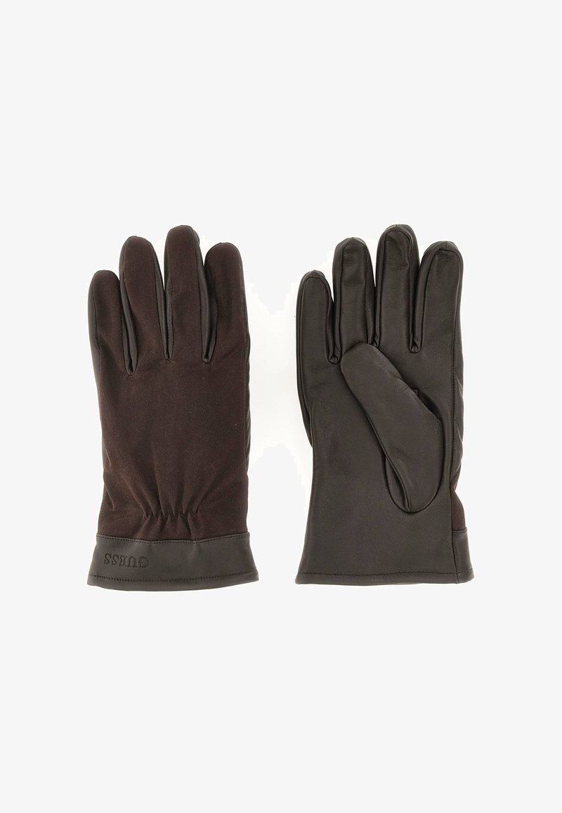 Zwarte handschoenen met leren handpalmen en stoffen achterkant, voorzien van een gerimpelde polsafwerking en een logodetail op de manchet. Duurzaam en strak uiterlijk.