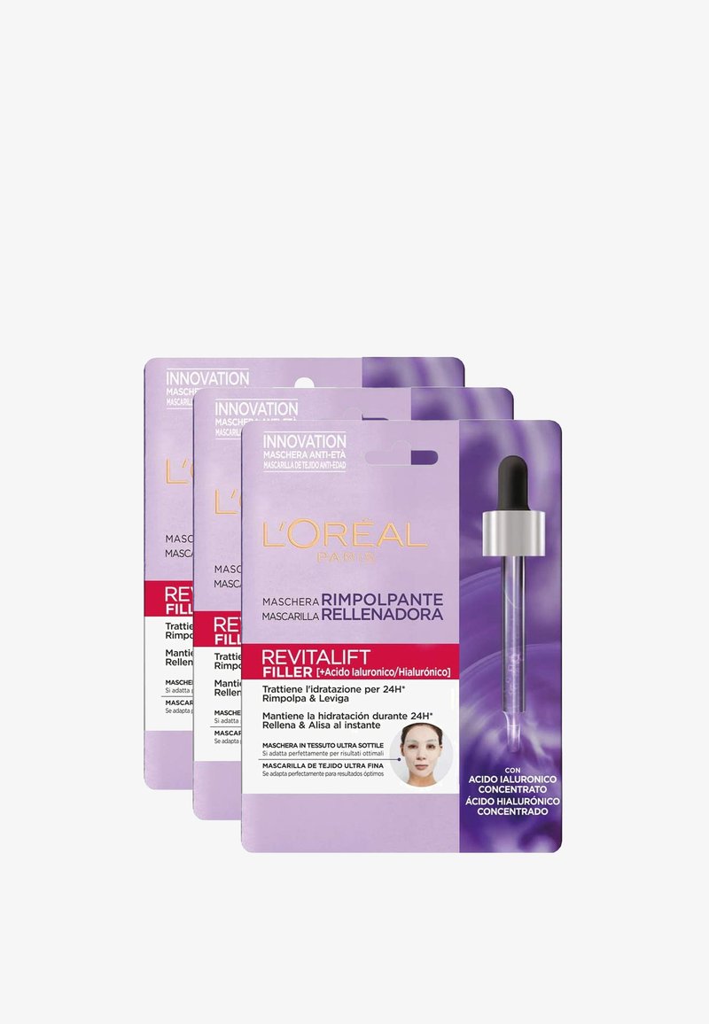 L'Oréal Paris MASCHERA IN TESSUTO REVITALIFT FILLER, AZIONE RIMPOLPANTE ANTI-ETÀ, EFFETTO SECONDA PELLE, ARRICCHITA CON ACIDO IALURONICO, 30 G - 3 PACK - Maschera viso - trasparente