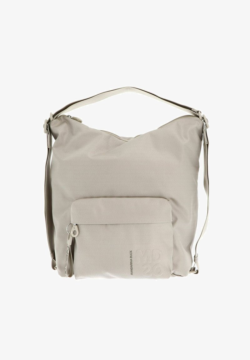 Sac en tissu gris clair avec un design affaissé, comportant une poche avant et une bandoulière amovible. Matériau texturé et subtil détail de logo.