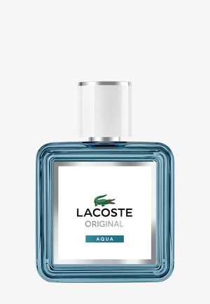Square blue glass bottle of Lacoste Original Aqua perfume with a white label and silver and white cap.