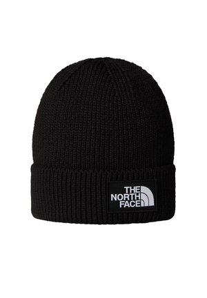 Svart strikket lue med en teksturert finish, som har en brettet kant og et hvitt logo-patch som viser "THE NORTH FACE."
