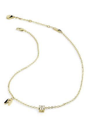 Goldene Halskette mit einem runden klaren Edelstein in einer vierzinkigen Fassung und einem kleinen magnetischen Charme als Akzent. Die Kette hat ein zartes Gliederdesign.