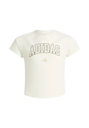 Weißes Adidas T-Shirt mit kurzen Ärmeln, gerippter Struktur und fettem schwarzem Adidas-Logo-Schriftzug auf der Brust.