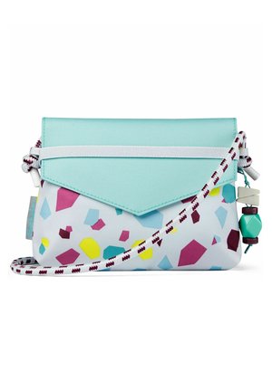 Multicolored geometric print handbag made of durable fabric, featuring a mint green flap, white stripe, and patterned adjustable strap with beads.