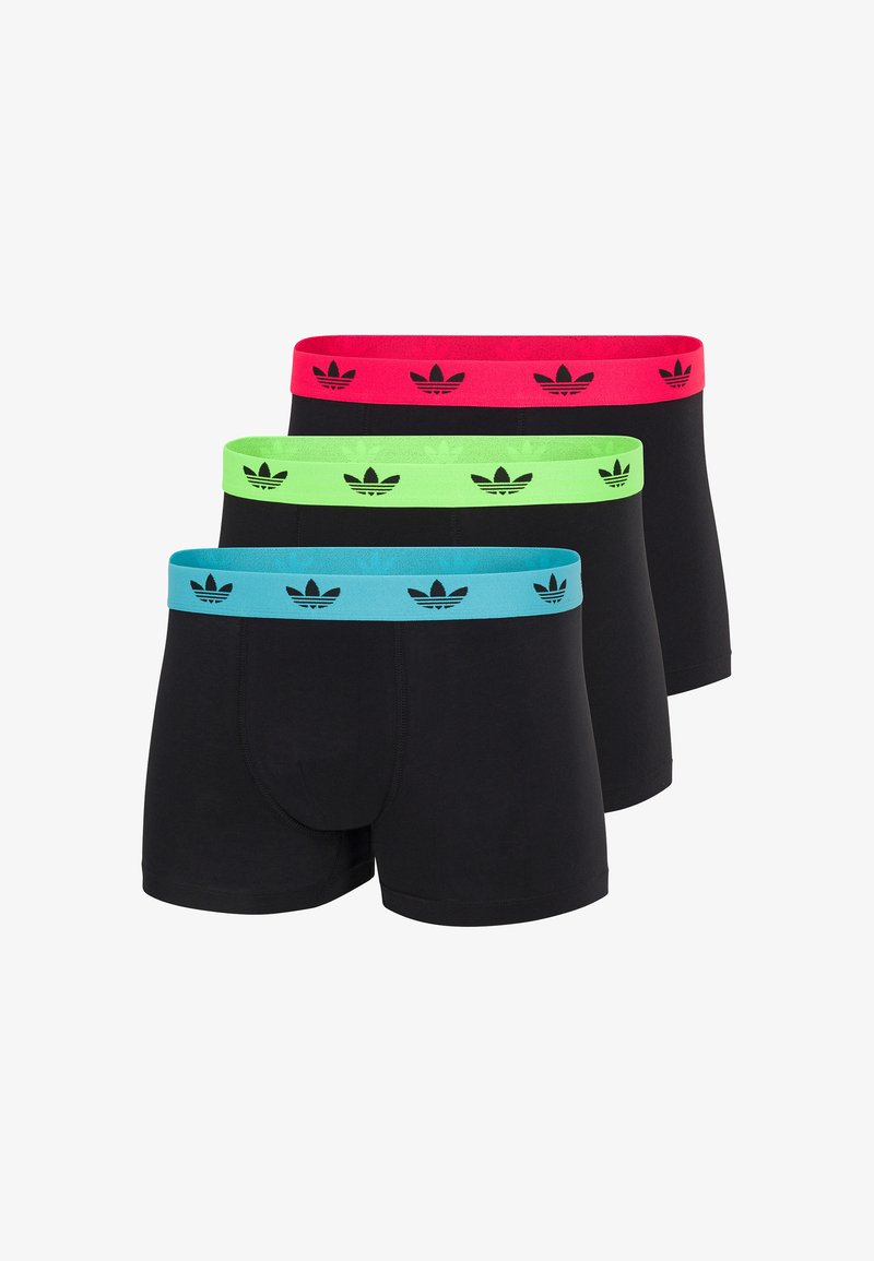 Dreierpack schwarze Boxershorts mit elastischen Bunds in Pink, Grün und Blau, jeweils mit schwarzen Logoakzenten. Weiches Baumwollmaterial.
