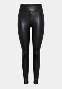 Leggings en simili cuir noir avec une texture lisse et brillante, taille haute et une silhouette ajustée du taille jusqu'à la cheville.