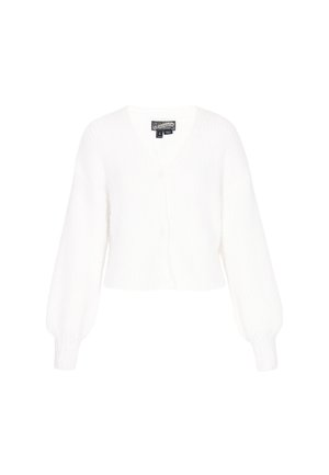 Biała, skrócona kardigan z dekoltem w serek, z prążkowaną teksturą i bufkami na długich rękawach. Posiada zapięcie na guziki z przodu.