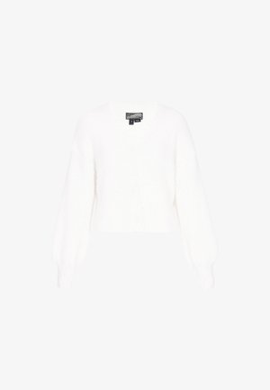 Biała, skrócona kardigan z dekoltem w serek, z prążkowaną teksturą i bufkami na długich rękawach. Posiada zapięcie na guziki z przodu.