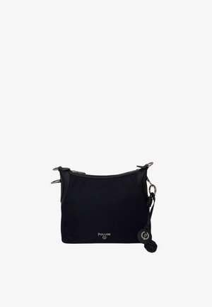 Borsa a tracolla in tessuto nero con design curvo, caratterizzata da dettagli in pelle, hardware argentato e una targhetta con logo. Chiusura con zip e tracolla regolabile.