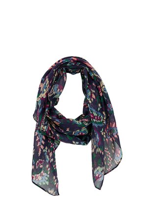 Écharpe légère avec une base bleu foncé et des motifs floraux abstraits colorés en rose, vert, bleu et beige, pliée lâchement avec des extrémités drapées.