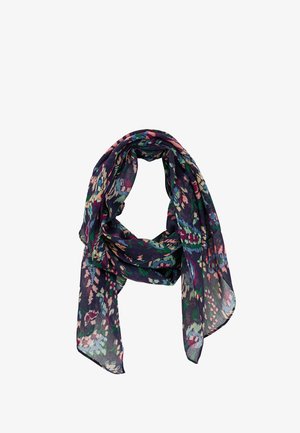 Écharpe légère avec une base bleu foncé et des motifs floraux abstraits colorés en rose, vert, bleu et beige, pliée lâchement avec des extrémités drapées.