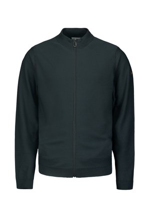 Zwarte zip-upjack met opstaande kraag, geribde manchetten en tailleband, gemaakt van zachte stof, met een minimalistisch ontwerp zonder patronen.