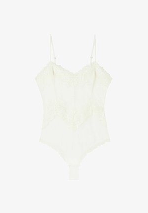 White lace bodysuit with adjustable straps, featuring floral patterns, semi-sheer texture, and a snap closure at the bottom.