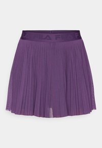 Purple pleated skirt with a textured waistband featuring the FILA logo, displayed against a plain white background.
