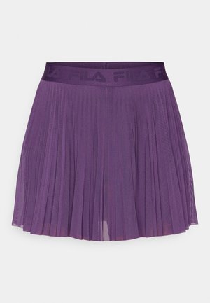 Purple pleated skirt with a textured waistband featuring the FILA logo, displayed against a plain white background.