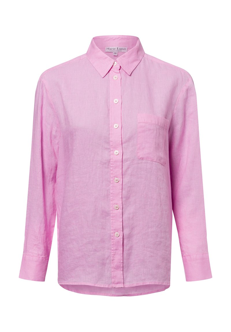 Pink linen shirt with long sleeves, button front, collar, and a single chest pocket. Features a soft texture and a relaxed fit.