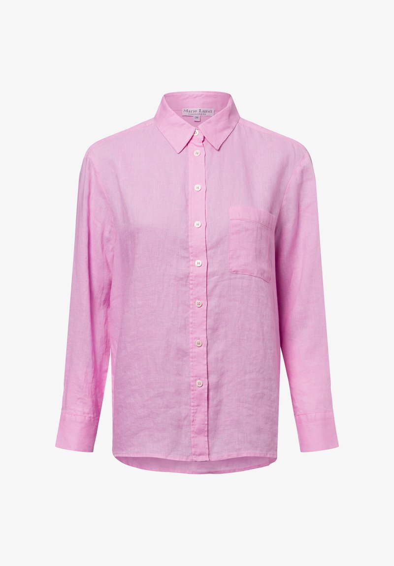 Pink linen shirt with long sleeves, button front, collar, and a single chest pocket. Features a soft texture and a relaxed fit.