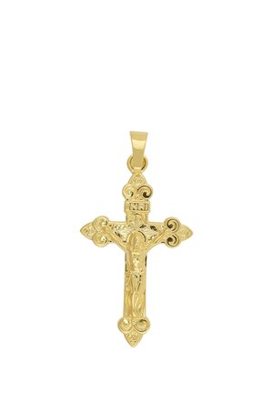 Pendentif crucifix en or avec une figure détaillée de Jésus et l'inscription « INRI » en haut, présentant des ornements décoratifs sur les bords de la croix.