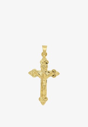 Ciondolo crocifisso in oro con figura dettagliata di Gesù e iscrizione "INRI" in cima, con ornamenti elaborati sui bordi della croce.