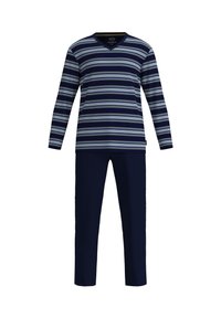 Langärmliges V-Ausschnitt-Shirt in Navy und hellblau mit Streifen, kombiniert mit einfarbigen navyblauen Hosen. Weicher Stoff mit lässigem Schnitt und minimalem Branding.