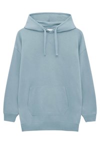 Sweat-shirt à capuche bleu clair avec poche frontale, cordons au niveau du col et poignets côtelés. Confectionné dans un tissu doux et texturé.