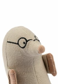 Stuffed mole toy with a beige textured body, pink nose, and brown paws. Black stitched glasses and facial features add detail.