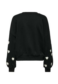 Zwarte sweatshirt met ballonmouwen, voorzien van witte hartapplicaties langs de mouwen en een geribde zoom. Een soepele stoftextuur.