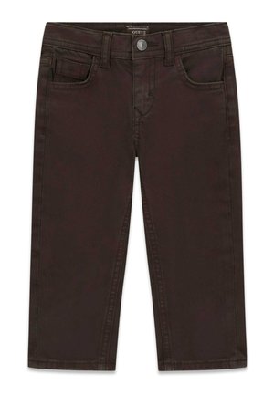 Pantaloni marrone scuro a gamba dritta con bottone e zip frontali, passanti per cintura, tasche frontali e taschino porta monete, etichettati Guess.