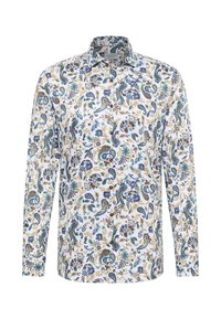 Langarmshirt met een witte basis, versierd met een paisley- en bloemenprint in blauwe, groene, gele en bordeauxrode tinten. Standaard kraagontwerp.