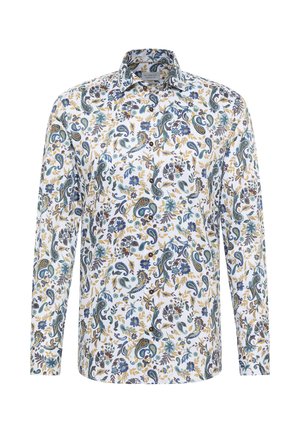 Chemise à manches longues avec une base blanche ornée d'un motif paisley et floral dans des tons de bleu, vert, jaune et bordeaux. Design classique du col.