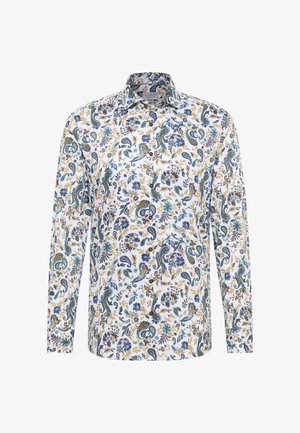 Chemise à manches longues avec une base blanche ornée d'un motif paisley et floral dans des tons de bleu, vert, jaune et bordeaux. Design classique du col.