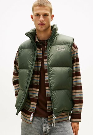 Chaleco acolchado verde con cuello alto y cierre de cremallera, que presenta una textura acolchada. Lleva puesto sobre una camisa de rayas en tonos marrones y crema.