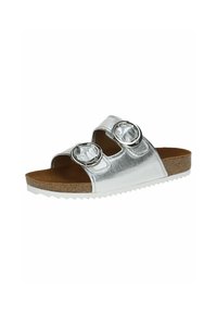 Silver metallic slide sandal med två runda spännen, korkfotbädd och vit räfflad gummisula. Öppen tå-design med platt sula.