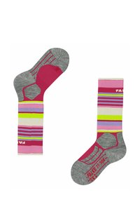 Bunte Socken in Knöchellänge mit grau, pink, lila und grünen Streifen. Enthalten sind Bereiche in Pink für Ferse und Zehen. Strukturierte Sohle für besseren Halt.