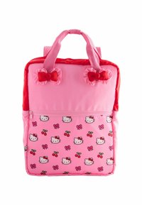 Sac à dos pour enfants rose avec des nœuds rouges sur les bretelles, poche avant ornée de visages de Hello Kitty, de nœuds roses et d'un motif de cerises rouges.