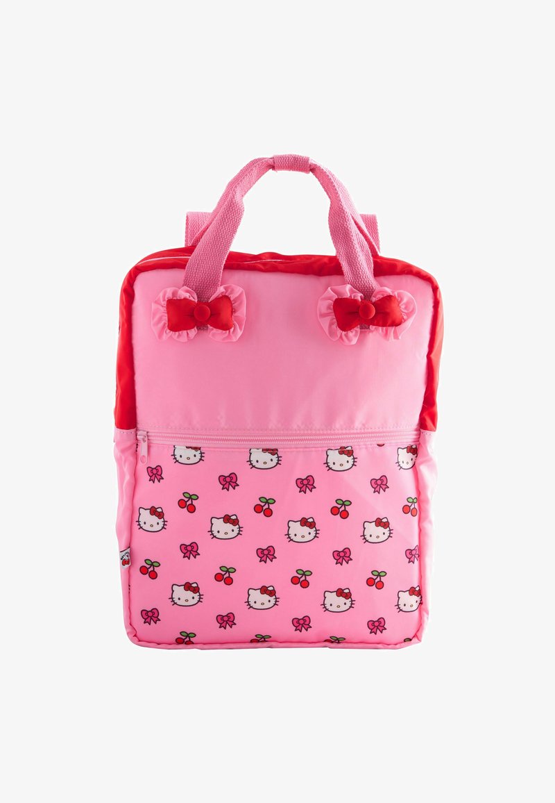 Roze kinder rugzak met rode strikken op de banden, voorvak met Hello Kitty gezichten, roze strikken en een patroon van rode kersen.