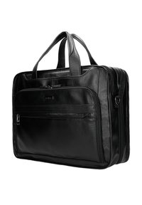 Sacoche pour ordinateur portable en cuir noir avec deux poignées, poche zippée à l'avant, texture lisse et subtil détail de logo. Forme rectangulaire structurée.