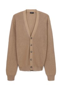Cardigan beige realizzato in tessuto a maglia, con scollo a V, maniche lunghe e sei bottoni scuri sulla parte anteriore. Orlo e polsini a costine.
