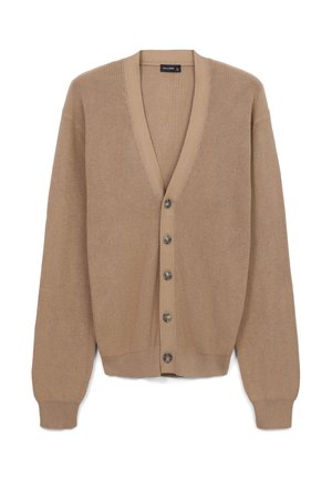 Beige Strickcardigan mit V-Ausschnitt, langenÄrmeln und sechs dunklen Knöpfen auf der Vorderseite. Rippbündchen an Saum und Ärmeln.