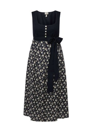 Marine jurk met een aansluitende top met vijf zilveren knopen, een rok met bloemenpatroon, een gestrikt tailleaccent en een lange, vloeiende ontwerp.