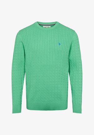 Mintroheline kampsun palmikmustriga, ümar kaelus. Omaduseks on soonilised varrukaotsad ja alumine äär, detailne muster ning väike sinine logo rinnal.