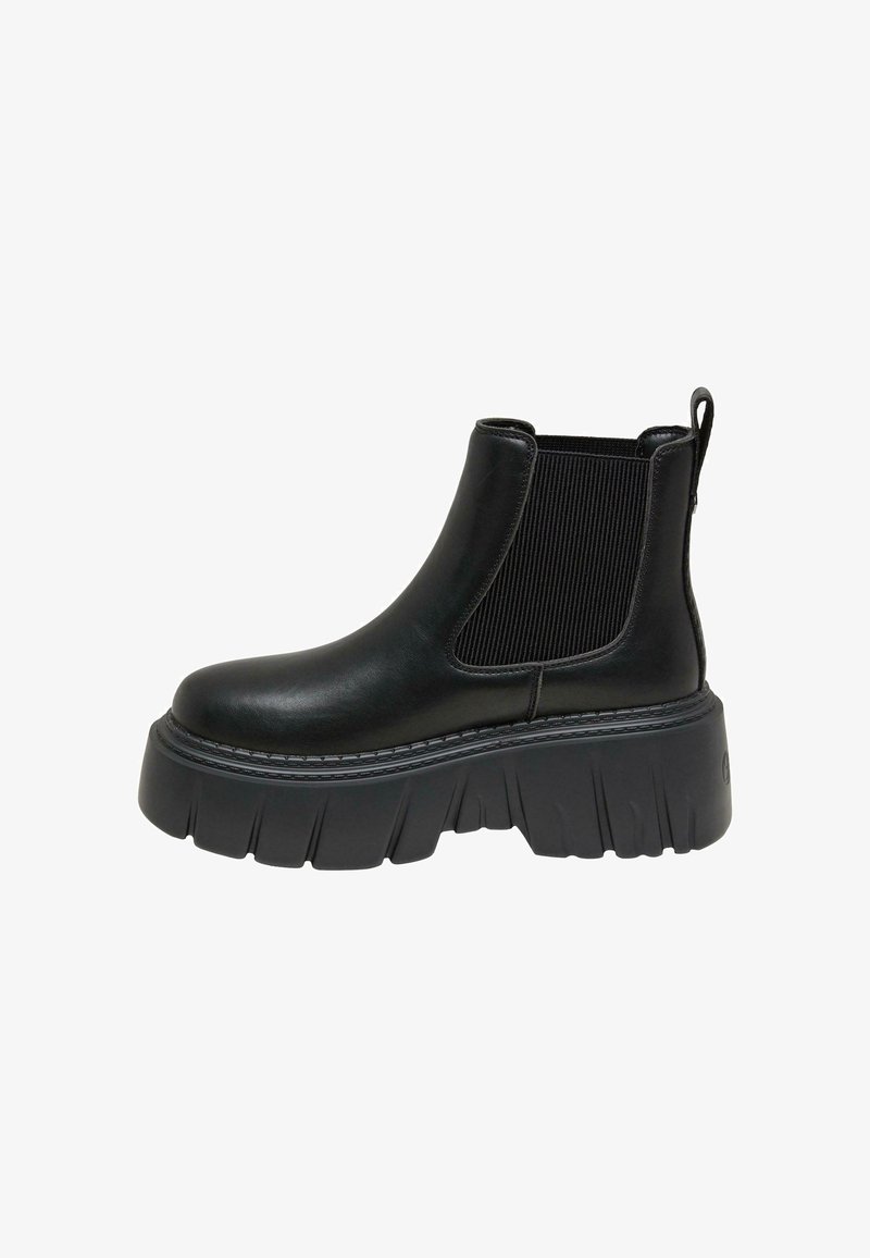 Botte Chelsea en cuir noir avec semelle épaisse et robuste et panneau latéral élastique côtelé, équipée d'une boucle de traction à l'arrière.
