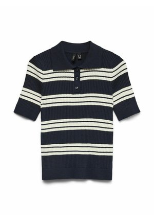 Polo de manga corta a rayas en azul marino y blanco, con textura acanalada, tapeta de tres botones y cuello clásico.