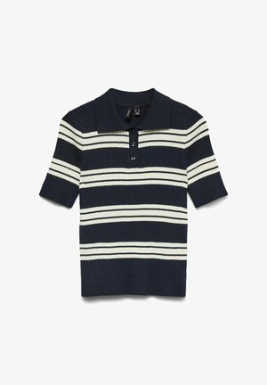 Marineblauwe en witte gestreepte polo met korte mouwen, een ribbelstructuur, een drie-knopen sluiting en een klassieke kraag.