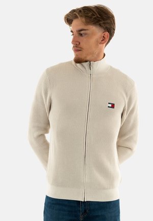 Giovane uomo con capelli castano chiaro che indossa un maglione a zip beige a coste e jeans blu, che guarda a sinistra su uno sfondo bianco.